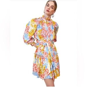 Hunter Bell Blakely Mini Dress Floral Patchwork 100% Silk Large Long Sleeve Boho